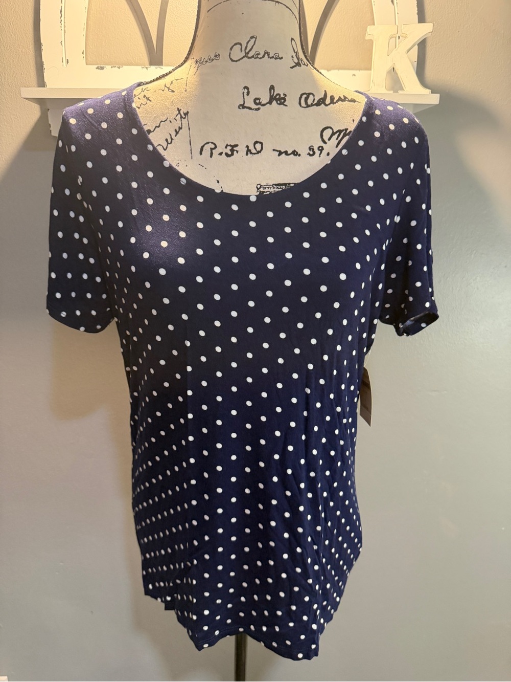 COLDWATER CREEK Navy and White Polka Dot Short Sleeve Tee SZ L